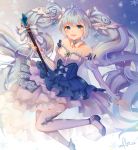  1girl 2019 :d absurdres blue_eyes blue_footwear blue_hair blue_skirt bow collarbone dated detached_collar detached_sleeves dress_shirt eyebrows_visible_through_hair floating_hair hatsune_miku highres holding holding_staff layered_skirt leg_up long_hair long_sleeves looking_at_viewer musical_note_hair_ornament open_mouth outstretched_arm plipa shirt signature skirt sleeveless sleeveless_shirt smile solo staff strapless_shirt striped_sleeves thighhighs very_long_hair vocaloid white_bow white_legwear white_shirt white_sleeves yuki_miku 