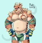  2019 absurd_res anthro beard belly biceps blue_eyes bottomwear clothing facial_hair felid hi_res hombretigre humanoid_hands male mammal moobs navel nipples overweight overweight_male pantherine pecs poki_eida shorts simple_background solo teeth tiger tokyo_afterschool_summoners video_games 