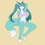  1:1 2019 big_breasts bikini blue_eyes blue_fur blush breasts canid canine clothing crossgender dipstick_tail female fox fur fur_markings green_hair hair hand_behind_head hi_res long_hair looking_at_viewer mammal markings multicolored_tail onirin pigtails roflfox sitting smile solo swimwear white_fur 