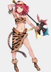  1girl animal_hat animal_print arm_up armpits axe bare_shoulders battle_axe bell bell_collar berserker_(final_fantasy) breasts chienon cleavage collar final_fantasy final_fantasy_v full_body green_eyes hat highres holding holding_axe holding_weapon jingle_bell legs_apart lenna_charlotte_tycoon pink_hair red_collar short_hair skirt small_breasts solo standing tail tiger_hat tiger_print tiger_tail weapon white_background 