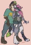  african_wild_dog anthro bite canid canine clothed clothing collar duo ear_piercing female hi_res hyaenid male mammal piercing rokemi spotted_hyena standing 