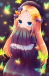 1girl abigail_williams_(fate/grand_order) bangs black_bow black_dress black_headwear blonde_hair blue_eyes blush bow bug butterfly covering_mouth dress fate/grand_order fate_(series) forehead frills hair_bow highres insect long_hair long_sleeves looking_at_viewer orange_bow parted_bangs ribbed_dress sleeves_past_fingers sleeves_past_wrists solo yuineko 