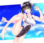  1girl absurdres black_hair blue_sky breasts bun_cover cloud competition_swimsuit cowboy_shot double_bun fate/grand_order fate_(series) feet_out_of_frame green_eyes highleg highleg_swimsuit highres leg_up medium_breasts muscle muscular_female one-piece_swimsuit open_mouth qin_liangyu_(fate) signature sky smile solo standing standing_on_one_leg swimsuit two-tone_background watosu_(watosu_mama) 