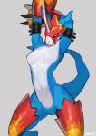  2019 anthro bebebebebe breasts clothing digimon digimon_(species) featureless_crotch female flamedramon gloves grey_background hi_res looking_at_viewer navel simple_background solo standing 