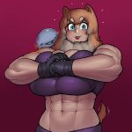  1:1 :3 abs ambiguous_gender animal_humanoid biceps big_breasts blep blue_eyes blush breasts brown_hair canid canid_humanoid canine canine_humanoid cleavage clothed clothing dog_humanoid felicia_(krekk0v) female female_focus gloves hair hi_res huge_breasts humanoid krek krekk0v machine mammal mammal_humanoid midriff muscular muscular_female navel robot solo_focus studded_gloves tailwag tongue tongue_out white_hair 