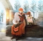  1boy 1girl breastplate bridal_gauntlets brother_and_sister brown_eyes brown_hair cape cat closed_mouth dress dyute_(fire_emblem) fire_emblem fire_emblem_echoes:_mou_hitori_no_eiyuuou futabaaf highres holding holding_cat long_hair long_sleeves luthier_(fire_emblem) orange_hair ponytail robe short_dress siblings sitting smile squatting tree 