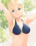  1girl arms_up bangs bare_shoulders bikini blonde_hair blue_bikini blue_eyes braid breasts chienon cleavage closed_mouth hair_between_eyes head_tilt highres large_breasts long_hair looking_at_viewer navel single_braid smile solo sophitia_alexandra soulcalibur swimsuit 