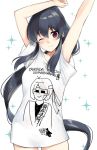  1girl alternate_costume arms_up black_hair brown_eyes clothes_writing commentary_request cowboy_shot hyuuga_(kantai_collection) ichinomiya_(blantte) kantai_collection long_hair looking_at_viewer ponytail romaji_text scrunchie shirt sidelocks smile solo sparkle_background standing stretch t-shirt white_background white_shirt yahagi_(kantai_collection) 