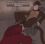  anthro balls beard computer deep_throat dialogue domination duo english_text facial_hair fellatio hi_res male male/male mammal monkey muscular muscular_male neck_bulge nude oral penile pornography primate scalie sex smile text zomacaius 