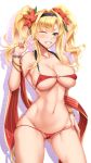  1girl ;d ass_visible_through_thighs bangle bangs bare_shoulders bikini blonde_hair blue_eyes blush bracelet breasts cleavage collarbone contrapposto cowboy_shot eyewear_on_head flower granblue_fantasy grin groin hair_flower hair_ornament hairband hibiscus highres jewelry large_breasts long_hair looking_at_viewer micro_bikini navel o-ring o-ring_top one_eye_closed open_mouth red_bikini shuugetsu_karasu sidelocks smile solo stomach swimsuit thighs twintails v zeta_(granblue_fantasy) 