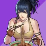  1girl abs bandolier bare_shoulders black_gloves blue_eyes blue_hair breasts cleavage crop_top earrings food gloves jewelry large_breasts leona_heidern long_hair midriff muscle navel noodles phamoz ponytail ramen shorts solo tank_top the_king_of_fighters toned 