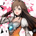  1girl :d black_choker breasts brown_eyes brown_hair chienon choker final_fantasy final_fantasy_ix floral_background flower garnet_til_alexandros_xvii gloves hand_up highres jewelry juliet_sleeves lily_(flower) long_hair long_sleeves low-tied_long_hair necklace open_mouth puffy_sleeves red_gloves small_breasts smile solo very_long_hair 