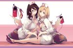  2girls arm_support ass bangs blonde_hair blood blood_bag blue_eyes blue_nails bra breasts brown_hair collared_dress dress full_body glasses hat high_heels holding holding_leg holding_syringe large_breasts long_hair looking_at_viewer mikoto_akemi multiple_girls name_tag nurse nurse_cap original pillow pink_nails purple_bra purple_eyes purple_footwear red-framed_eyewear red_lips semi-rimless_eyewear shoes short_dress sidelocks single_shoe sitting skindentation smile syringe thighs underwear wavy_hair white_dress 