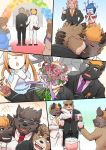  2019 anthro black_border blush border bovid bovine canid canine canis cattle clothed clothing comic dialogue digital_drawing_(artwork) digital_media_(artwork) english_text felid female front_view fur greeting group h155296 hair hi_res hyaenid kissing male male/male mammal muscular muscular_male pantherine speech_bubble standing text tiger ursid wolf 