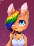  2019 anthro big_breasts blue_eyes breasts canid canine canis choker clothed clothing collar digital_media_(artwork) domestic_cat ear_piercing felid feline felis female fur hair hi_res invalid_tag looking_at_viewer mammal mia_dyke_(character) multicolored_hair pants piercing rainbow rainbow_hair rinli shirt smile solo topwear wolky 