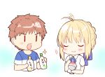  1boy 1girl :d :t ahoge ahoge_wag aizawa85 artoria_pendragon_(all) bangs blonde_hair blue_ribbon blush bottle braid brown_hair chibi closed_eyes closed_mouth collared_shirt eating emiya_shirou expressive_hair eyebrows_visible_through_hair fate/stay_night fate_(series) hair_ribbon highres holding holding_bottle holding_spoon open_mouth puffy_short_sleeves puffy_sleeves ribbon saber shaved_ice shirt short_sleeves sidelocks simple_background smile spoon v-shaped_eyebrows wavy_mouth white_background white_shirt |_| 