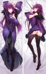  1girl arms_up ass ass_grab bangs bed blush breasts breasts_outside censored cleavage dakimakura dress fate/grand_order fate_(series) feather_trim fur_trim hair_between_eyes headpiece heart heart_censor holding holding_wand large_breasts long_sleeves looking_at_viewer pantyhose parted_lips purple_dress purple_hair red_eyes scathach_(fate)_(all) scathach_skadi_(fate/grand_order) solo taishi_(picchiridou) tiara wand wide_sleeves 