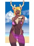  anthro antlers beach bikini cervid clothing female hi_res horn looking_at_viewer mammal porin seaside smile solo standing swimwear thigh_gap wide_hips 