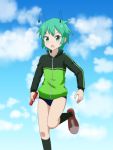  1girl alternate_costume antennae bangs black_legwear blue_sky blush buruma cato_(monocatienus) cloud commentary_request day feet_out_of_frame green_eyes green_hair green_jacket holding jacket kneehighs leg_up long_sleeves looking_at_viewer no_pants open_mouth outdoors red_footwear shoes short_hair sky sneakers solo standing standing_on_one_leg sweat thighs touhou v-shaped_eyebrows wriggle_nightbug 