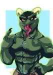  anthro claws clothed clothing forked_tongue horn kyomikogei lizard looking_at_viewer male muscular reptile scalie solo tongue tongue_out topless 