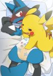  2019 ambiguous_gender anthro bed blush canid canine diaper digital_media_(artwork) duo embarrassed feral hi_res lucario mammal musical_note naughty_face nintendo pikachu pok&eacute;mon pok&eacute;mon_(species) rodent rubbing satsuki_rabbit urine video_games wet_diaper wetting 