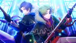  2boys alternate_costume antenna_hair bangs black_gloves bolt_action cape constricted_pupils enfield_(senjuushi) fur_collar fur_trim game_cg gloves glowing glowing_eyes green_eyes green_hair gun highres holding holding_gun holding_weapon lee-enfield looking_at_viewer male_focus mask multiple_boys non-web_source official_art parted_bangs purple_eyes purple_hair ribbon_bangs rifle screencap senjuushi:_the_thousand_noble_musketeers shirt short_hair smile snider_(senjuushi) striped striped_shirt weapon 