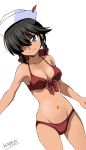  1girl bangs bikini black_eyes black_hair bow breasts cleavage closed_mouth commentary cowboy_shot dark_skin dixie_cup_hat dutch_angle front-tie_bikini front-tie_top girls_und_panzer groin hair_bow hair_over_one_eye hat hat_feather highres ken_(haresaku) long_hair looking_at_viewer medium_breasts military_hat navel ogin_(girls_und_panzer) ponytail red_bikini red_bow simple_background smile solo standing swimsuit twitter_username white_background white_headwear 