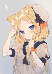  1girl abigail_williams_(fate/grand_order) absurdres ana_(rznuscrf) animal_ear_fluff animal_ears arm_up bangs beret black_bow black_neckwear blonde_hair blue_eyes blush bow brown_shirt cat_ears commentary_request eyebrows_visible_through_hair fate/grand_order fate_(series) fingernails forehead grey_background grey_headwear hand_up hat head_tilt highres kemonomimi_mode long_hair orange_bow parted_bangs parted_lips polka_dot polka_dot_bow puffy_short_sleeves puffy_sleeves shirt short_sleeves simple_background solo tilted_headwear translation_request upper_body very_long_hair 