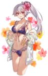  1girl alternate_costume blue_swimsuit blush breasts chocoan cleavage collarbone fate/grand_order fate_(series) flower hair_between_eyes hair_flower hair_ornament hair_ribbon holding holding_drink jacket jacket_over_swimsuit long_hair looking_at_viewer medium_breasts open_mouth pink_flower ponytail red_eyes red_ribbon removing_jacket ribbon smile solo swimsuit tomoe_gozen_(fate/grand_order) white_background white_hair white_jacket 