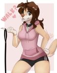  2019 5_fingers anthro breasts brown_eyes brown_hair canid canine canis clothed clothing collar digital_media_(artwork) domestic_dog female hair leash mammal smile solo wolflady 