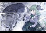  aikatsu! alicia_charlotte animal blue_eyes gloves green_hair hat koruse lolita_fashion long_hair shirt sketch skirt snow wolf 