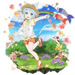 1girl :d animal_ears blue_eyes blue_hair blue_sky cat_ears cat_tail cloud day dress_shirt flower full_body hair_ribbon hat hat_flower highres holding holding_wand leg_up looking_at_viewer official_art open_mouth orange_flower orange_ribbon orange_shorts outdoors outstretched_arms plaid plaid_shorts ribbon shirt short_hair_with_long_locks short_shorts short_sleeves shorts sidelocks sinon_(sao-alo) sky smile solo standing standing_on_one_leg sun_hat sword_art_online tail tail_ribbon transparent_background wand white_ribbon white_shirt yellow_headwear yellow_neckwear 