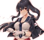 1girl adjusting_clothes adjusting_gloves anchor_symbol black_hair blush breasts cherry_blossoms cleavage collarbone eyebrows_visible_through_hair gloves hair_between_eyes ichinomiya_(blantte) jacket_on_shoulders kantai_collection large_breasts long_hair looking_at_viewer midriff navel parted_lips ponytail red_eyes red_skirt sailor_collar shiny shiny_hair sidelocks simple_background skirt solo upper_body very_long_hair white_background white_gloves yahagi_(kantai_collection) 