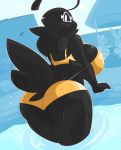  2019 anthro avian beak big_breasts big_butt bird black_feathers blush breasts butt clothed clothing crossgender feathers female galliform hail_(medicalbiscuit) hi_res kilinah phasianid quail rear_view side_boob slightly_chubby swimming_pool swimwear thick_thighs topwear underwear voluptuous water wet 