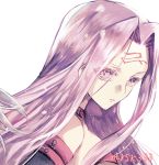  1girl breasts collar facial_mark fate/stay_night fate_(series) floating_hair hair_intakes highres long_hair looking_at_viewer medium_breasts parted_lips pink_hair portrait purple_eyes rider shiny shiny_hair sideboob simple_background solo very_long_hair white_background yokaranu_yuuna 