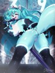  2019 3mangos anthro armwear big_breasts blue_eyes blue_fur blue_hair blush breasts butt canid canine clothing confetti cosplay crossgender eyebrows female fox fur fur_markings hair hatsune_miku hi_res holding_object legwear long_hair looking_at_viewer looking_back mammal markings microphone necktie no_underwear number one_eye_closed open_mouth pasties pigtails presenting presenting_hindquarters pussy roflfox shirt_collar solo stage thigh_highs tongue upskirt vocaloid white_fur wink zoom_layer 