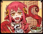  1girl :d apron bangs black_border bone border bowl breasts chibi dress fang feeding food hair_between_eyes hair_ornament hairclip happy holding holding_spoon incoming_food lamia long_hair long_sleeves looking_at_viewer miia_(monster_musume) monster_girl monster_musume_no_iru_nichijou open_mouth pointy_ears pov pov_feeding ramenwarwok red_hair scales slit_pupils smile solo spoon sweater sweater_dress tail upper_body yellow_eyes 