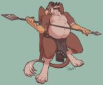  anthro avian clothed clothing feathered_wings feathers gryphon hi_res loincloth male melee_weapon overweight overweight_male polearm rokemi solo spear standing topless weapon wings 