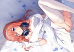  aqua_eyes bed bisonbison blush breasts cleavage dress elbow_gloves garter_belt gloves go-toubun_no_hanayome headband headphones long_hair nakano_miku petals red_hair stockings thighhighs wedding_attire 