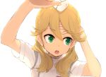  1girl :o alice_gear_aegis arms_up blonde_hair commentary_request garrison_cap green_eyes hair_between_eyes hair_over_shoulder hand_on_own_forehead hat highres kotomura_akane long_hair low_twintails mini_hat momo_(higanbana_and_girl) open_mouth round_teeth see-through shirt short_sleeves simple_background solo teeth twintails upper_body upper_teeth_only white_background white_hat white_shirt 