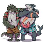  1:1 absurd_res anthro bulge clothed clothing crocodile crocodilian crocodylid duo erection fish hi_res humanoid_penis male marine multi_penis muscular muscular_male nipples overweight penis reptile scalie shark simple_background sinibun_95 slightly_chubby standing 