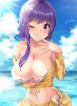  1girl ;q absurdres amagi_korona bare_shoulders bb_(fate)_(all) bb_(swimsuit_mooncancer)_(fate) bikini_top blue_sky blush breasts cleavage closed_mouth cloud collarbone commentary_request cropped_jacket day fate/grand_order fate_(series) groin hand_up highres horizon jacket large_breasts light_rays long_hair long_sleeves looking_at_viewer midriff navel ocean off_shoulder one_eye_closed outdoors purple_eyes purple_hair skirt sky smile solo sparkle stomach sunbeam sunlight tongue tongue_out upper_body v-shaped_eyebrows water white_bikini_top yellow_jacket yellow_skirt 