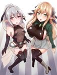  2girls armor belt blonde_hair boots breasts elf eyebrows_visible_through_hair flat_chest gem gradient gradient_background green_eyes headband headpiece hiruno jewelry large_breasts miniskirt multiple_girls navel open_mouth original pantyhose pointy_ears ponytail red_eyes skirt white_hair 