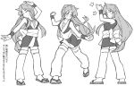  1girl bodysuit breasts clapping confused dancing empty_eyes fishnet_bodysuit fishnets ganbare_goemon greyscale japanese_clothes kimono long_hair low-tied_long_hair monochrome ninja sandals short_kimono solo sweatdrop tabi thighhighs user_symz7244 very_long_hair white_background wristband yae_(ganbare_goemon) zettai_ryouiki 