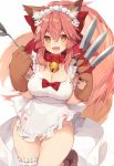  1girl animal_ear_fluff animal_ears apron bangs bare_shoulders bell bell_collar blush bow breasts cat_hair_ornament cat_paws claws cleavage collar fang fangs fate/extra fate/grand_order fate_(series) fox_ears fox_girl fox_tail frills gloves hair_between_eyes hair_bow hair_ornament highres holding holding_knife jingle_bell knife knives_between_fingers large_breasts long_hair looking_at_viewer maid_headdress muryotaro naked_apron open_mouth paw_gloves paw_print paw_shoes paws pink_hair ponytail red_bow shoes sidelocks simple_background smile solo tail tamamo_(fate)_(all) tamamo_cat_(fate) thighs white_background 