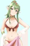  1girl bikini blue_background blush bracelet breasts chiki choker fire_emblem fire_emblem_heroes front-tie_bikini front-tie_top green_eyes green_hair hands_on_hips jewelry mamkute navel pointy_ears ponytail red_bikini skeptycally smile swimsuit twitter_username 