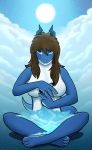  4_fingers 4_toes anthro blue_eyes breasts brown_hair captainzepto cloud dragon featureless_breasts female gradient_background hair holding_object horn looking_at_viewer navarchus_zepto open_mouth shadow signature simple_background sitting sky solo star steam sun toes 