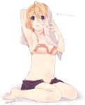  1girl :s after_shower armpit_peek barefoot blonde_hair blue_eyes bra droplets drying kuronyanko lace lace-trimmed_bra looking_up navel open_clothes open_pants open_shorts shorts towel underwear 