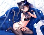  animal_ears black_hair blue_eyes breasts catgirl cleavage cropped gloves long_hair miwa_futaba navel original panties scan tail thighhighs underwear 