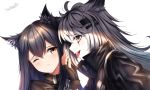  2girls animal_ear_fluff animal_ears arknights bangs black_gloves black_hair blush brown_eyes eyebrows_visible_through_hair fingerless_gloves gloves hair_between_eyes hair_ornament hairclip high_collar highres jacket lappland_(arknights) long_hair long_sleeves looking_at_another looking_at_viewer multiple_girls one_eye_closed open_mouth profile scar scar_across_eye silver_eyes silver_hair texas_(arknights) tongue tongue_out upper_body white_background wsman 